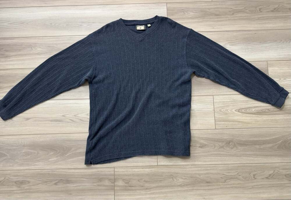 Vintage Bugle Boy Authentics Ribbed Knit V-Neck Sweater — Men's XL, Heather Navy